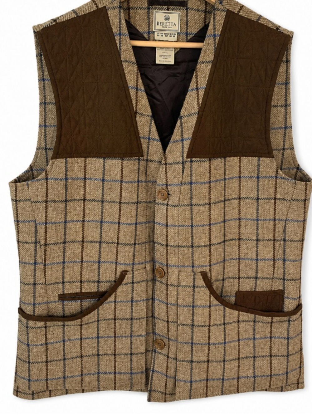 Beretta 100-% Wool Herringbone Tweed Vest w/ Quilted Suede Shoulder Patches